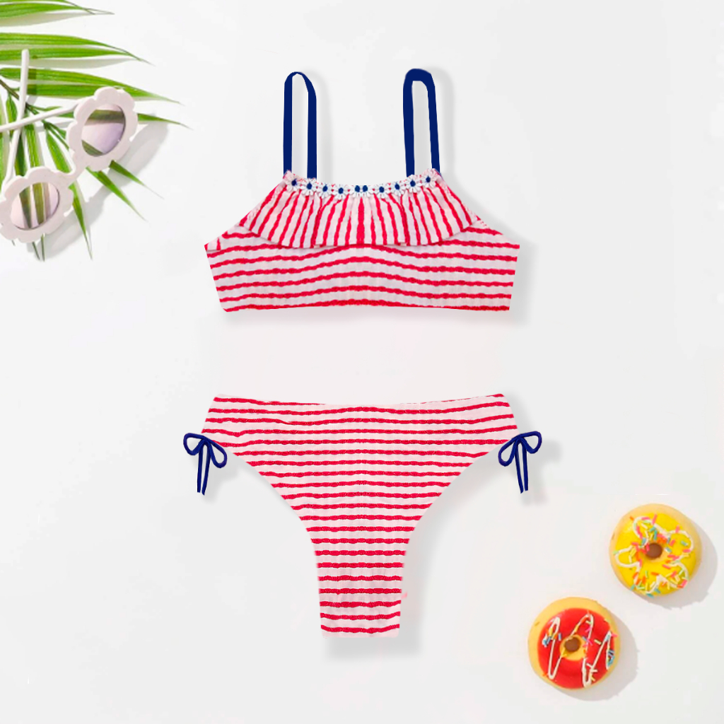 Biquíni Infantil e Juvenil Canelado Texturizado Com Babados Listras Colorido