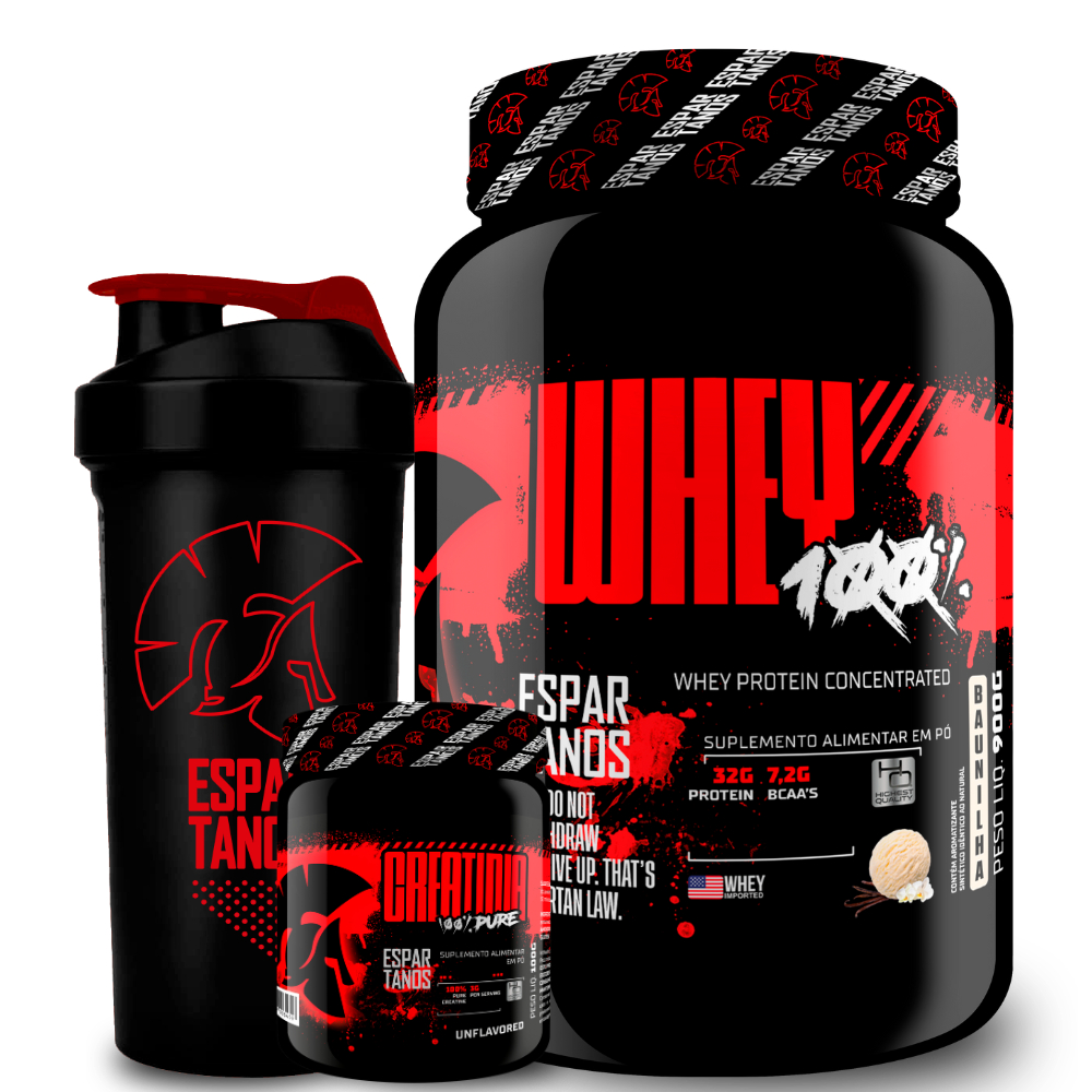 Kit Whey Protein Concentrado 100% 900g + Creatina 100g + Coqueteleira - Espartanos