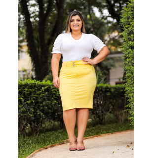 Saia Midi Sarja Amarela Plus Size Adriele com Guipir – Elegante, Confortável e Atemporal