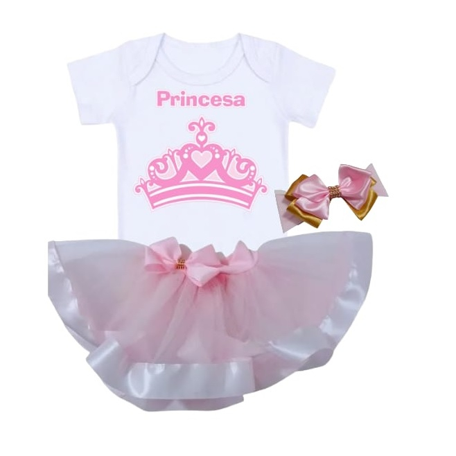 Conjunto Princesa Tutu Tule Bebê Menina Body Infantil Mesversário, Saia e Laço Menina Roupa Aniversário