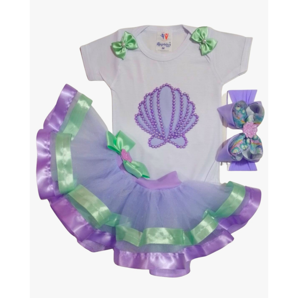 Body Infantil Temático Sereia Bebê Menina Mesversário Roupa Festa Aniversário Saia E Laço
