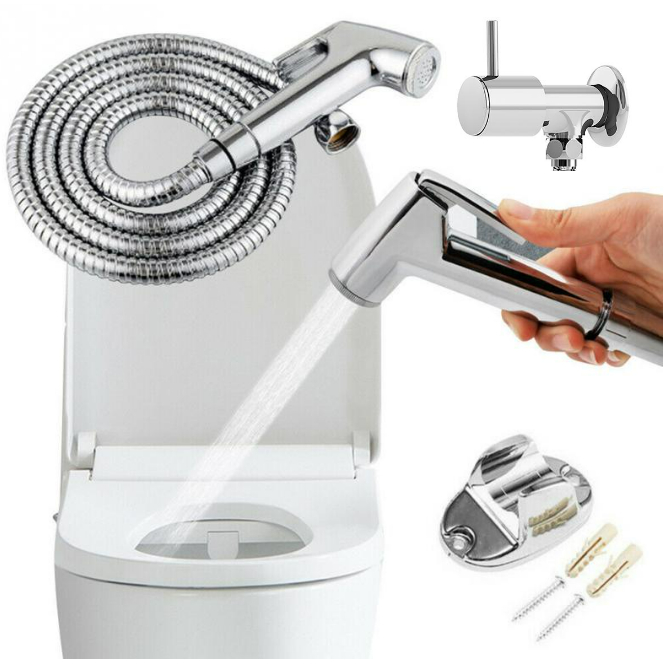 Kit Ducha Higiênica com Mangueira Aço Inoxidável Cromado Esguicho Pistola e Suporte Banheiro 1/4