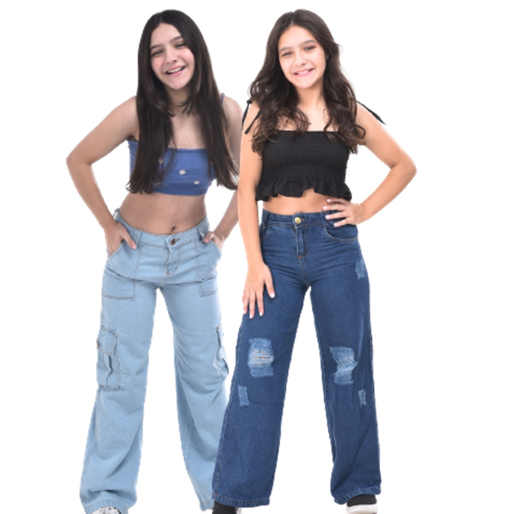 Combo calça cargo + Pantalona jeans wide leg Menina blogueirinha Juvenil 10 ao 16 anos com bolsos
