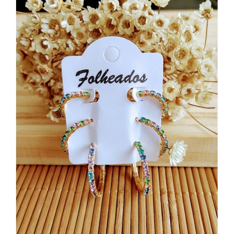 Trio de Argolinha Strass Colorido Folheado a Ouro em Oferta na Shopee