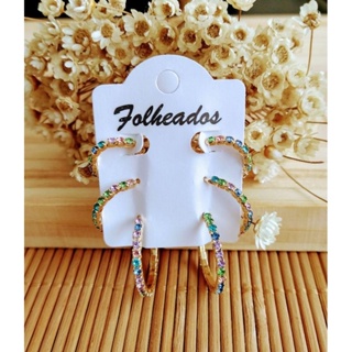 Trio de Argolinha Strass Colorido Folheado a Ouro em Oferta na Shopee