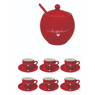 Kit Jogo de 6 Xicara Café c/6 Pires  Lamour Vermelho jgxc047/vm e Açucareiro Lamour Vermelho pcln176/vm