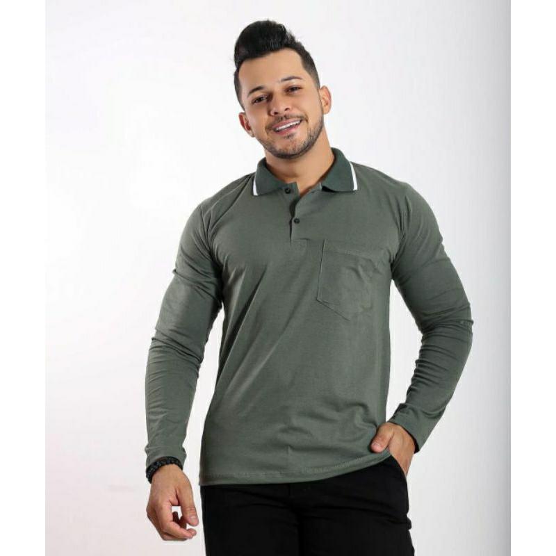 Camisa gola polo masculina masculino com bolso manga longa