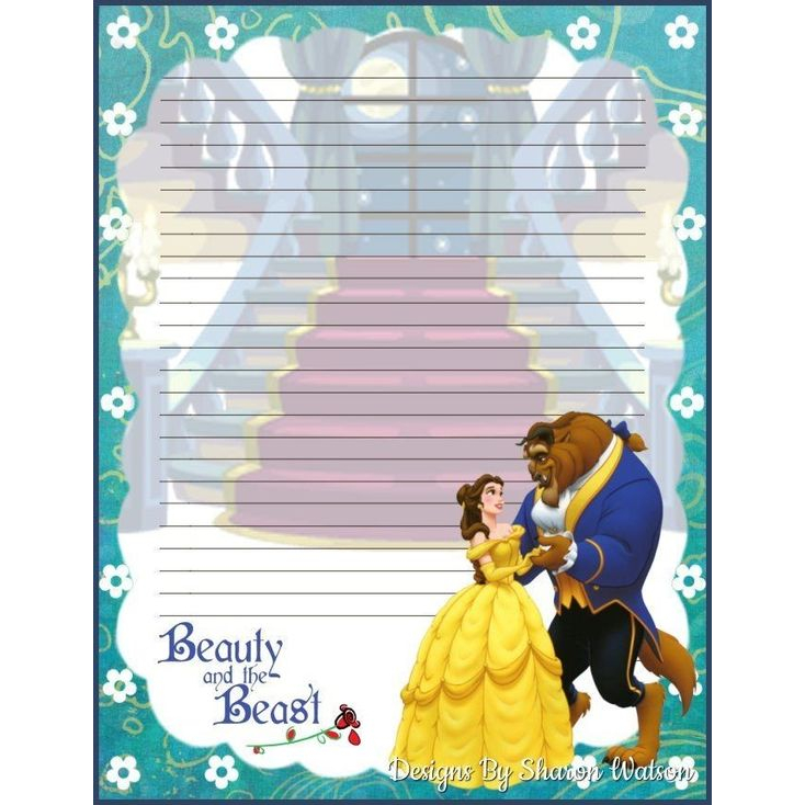 80 Folhas Para Fichário Tema BELA E A FERA, PRINCESAS folhas pautadas, papel de carta, folha decorada tamanho A4