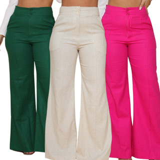 Calça Pantalona Wide Leg Feminina Alfaiataria Em Linho Com Botões Social
