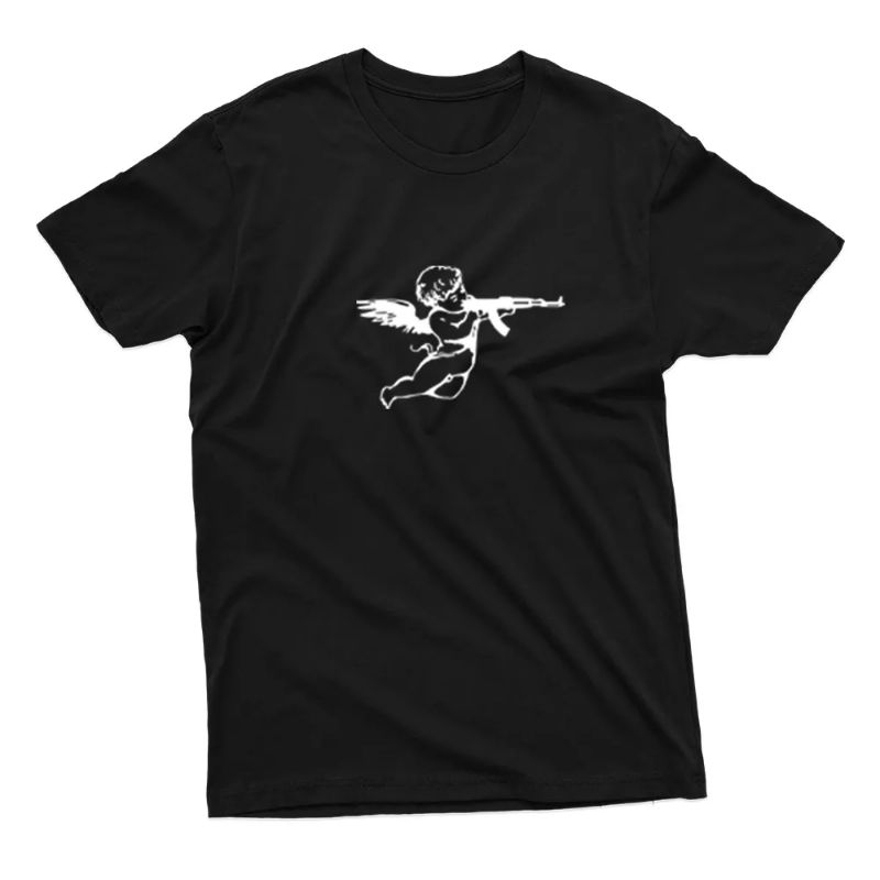Camiseta Masculina Anjo Com Ak4- Camisa 100%Algodão Old School Unissex Desenho Cupido Armado Blusa Casual Estampada Preto Básica Tumblr Promoção Envio Rápido Meme Humor Modinha