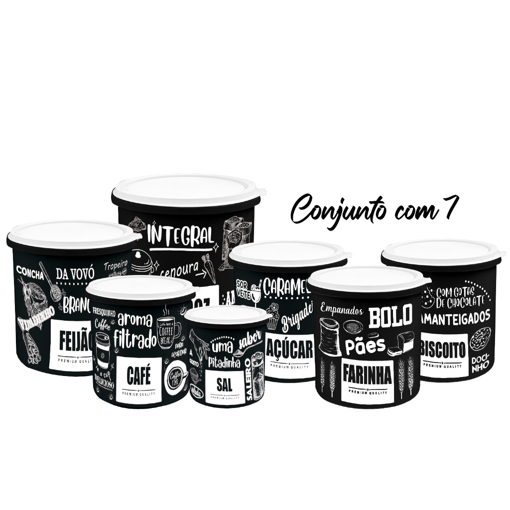 Kit 7 Potes de Mantimentos Herméticos para Cozinha - Linha Frases