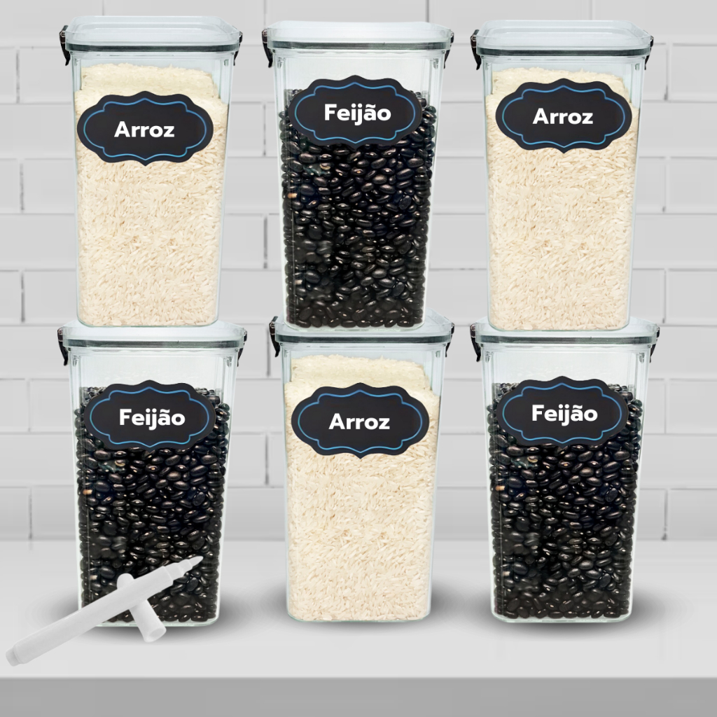 Conjunto 6 Potes Herméticos Plástico Transparente 1.450 Litros Tampa com Trava para Mantimentos Cozinha