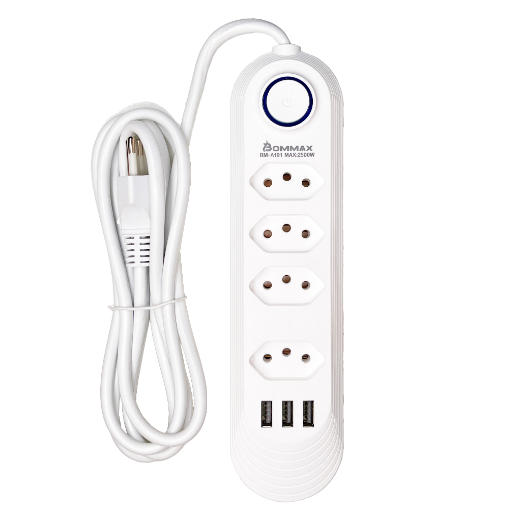 Extensão Elétrica 2m Com 4 Tomadas e 3 Entradas USB com Botão Power Socket - A191