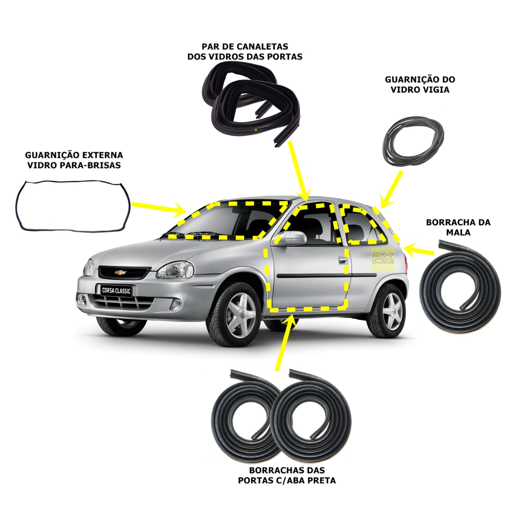 Kit Borrachas Corsa Wind Hatch 2P 1994 até 2002 - portas - mala - Canaletas - Vidro lateral traseiro fixo - Para-brisa externo - Vigia