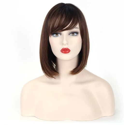 Peruca Orgânica Curta Lisa Com Franja castanha + Touca Wig!