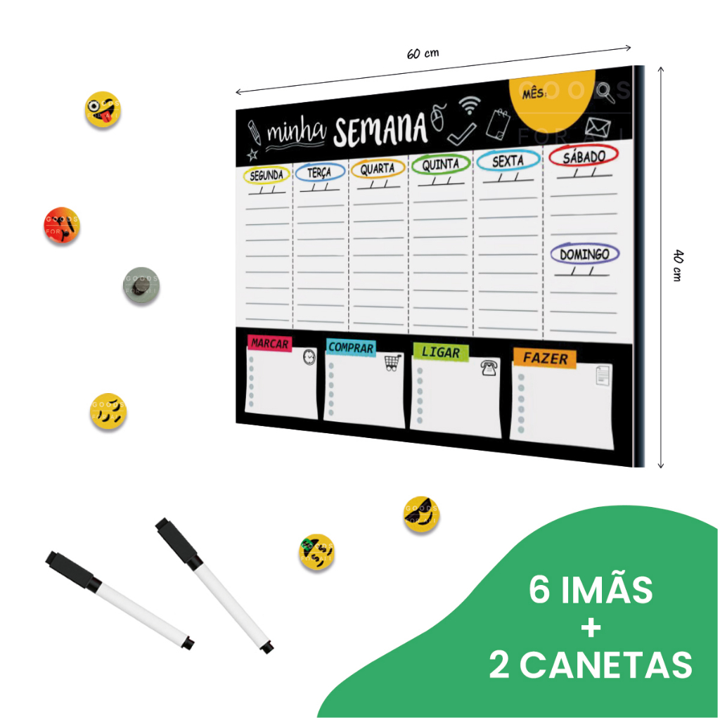 Mural de Recados Lousa Para Organizar A Semana O Mês Quadro Planejador Semanal Mensal Com 2 Canetas 6 Imãs em Oferta na Shopee