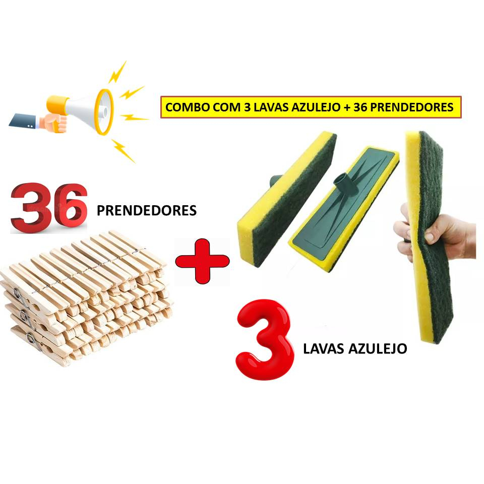 Combo Com 36 Prendedores de Roupa de Madeira + 3 Lavas Azulejos Sem Cabo.
