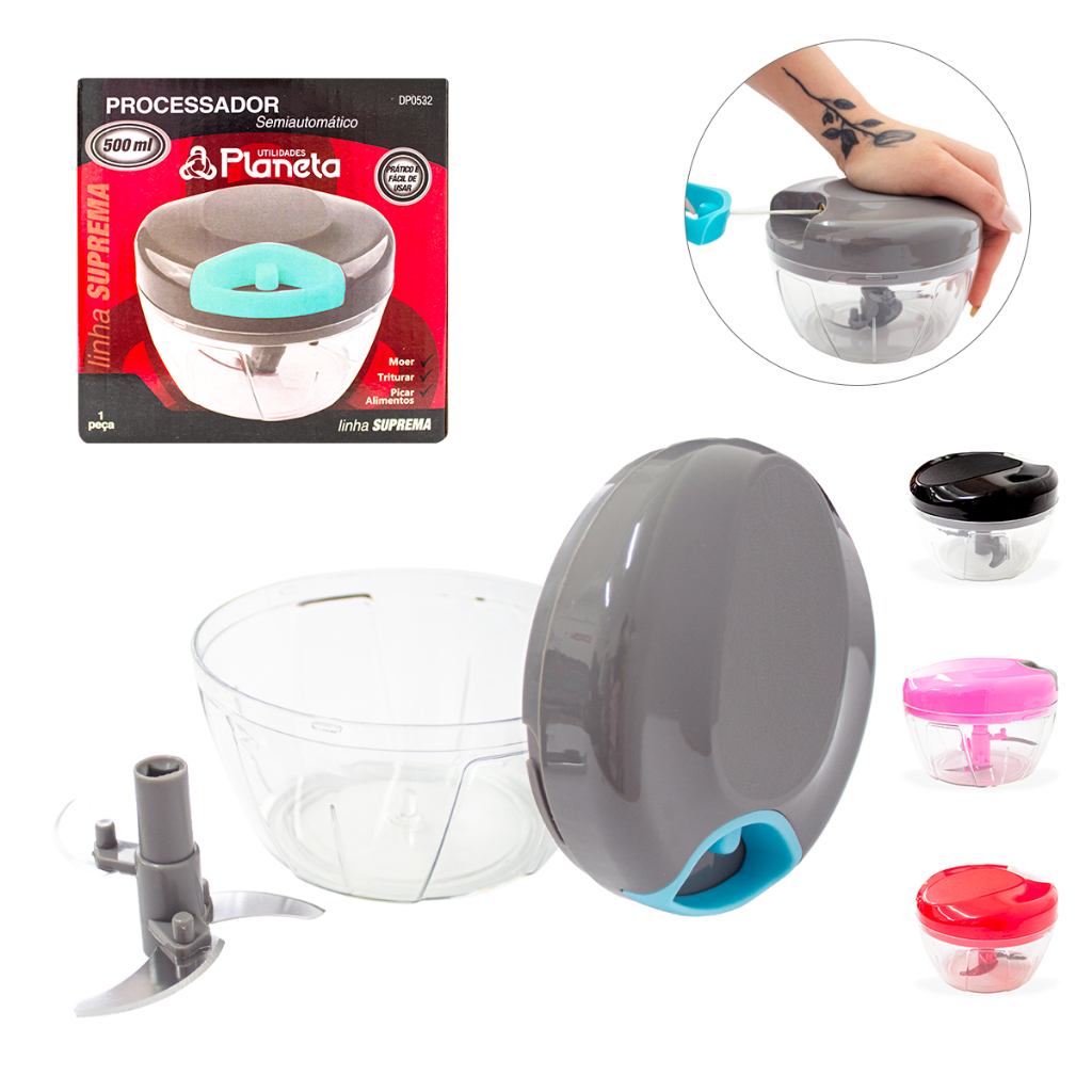 Mini Processador 500ml  Triturador Manual de Alimentos Lâminas Em Inox