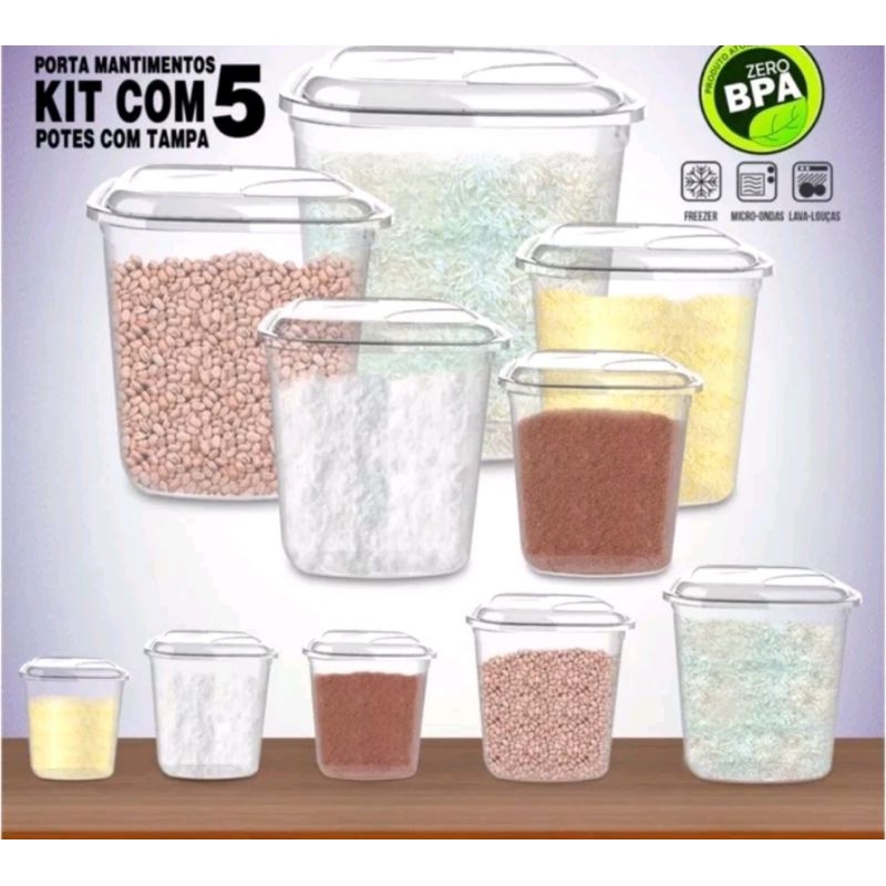 Conjunto 5 Potes Mantimentos Organiazadores de Alimentos Com Tampas Transparente Preto Vermelho Cozinha Domestico Multiuso Casa Café Açucar Aarroz Feijão Farinha Plastico Uninjet