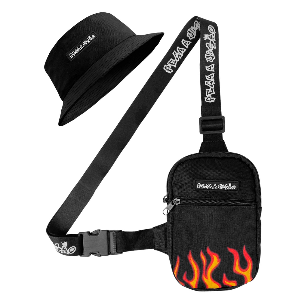 Shoulder Bag Mini Bolsa Transversal Necessaire Basica + Chapeu Bucket Pega a Visão Fogo