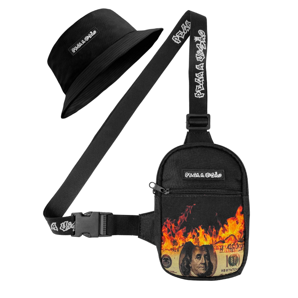 Shoulder Bag Mini Bolsa Transversal Necessaire Basica + Chapeu Bucket Pega a Visão Fogo Dollar