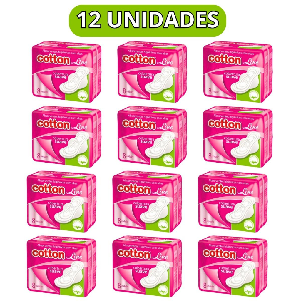 Kit Absorvente Cotton Line com Abas Cobertura Suave 12 pct com 8 unidades cada. em Oferta na Shopee