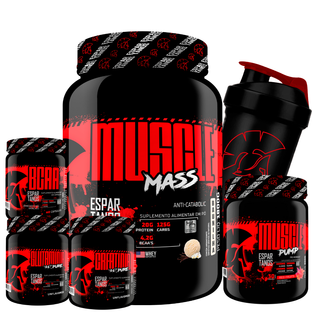 Kit Muscle Mass 1,8kg + BCAA + Creatina + Glutamina + Pré Treino Limão + Coqueteleira - Espartanos