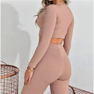 Conjunto Canelado 3D CALÇA + CROPPED MANGA LONGA tecido grosso sem transparecia. Outono inverno.