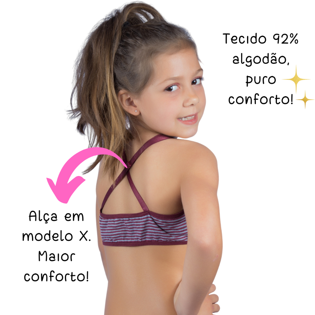 Kit 2 Conjuntos Calcinha Sutiã Algodão Infantil Lorena Costas em X Promoção Alta Qualidade Sem Bojo