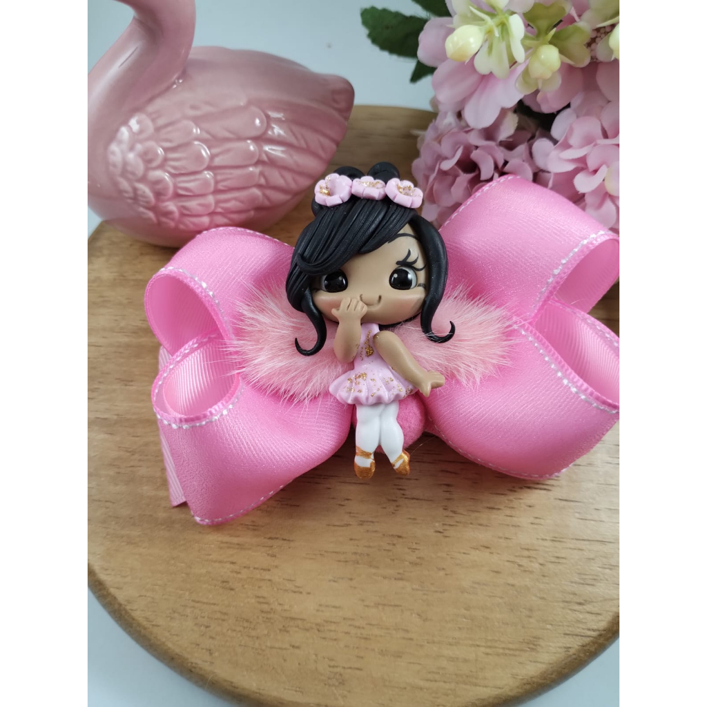 Laço de cabelo infantil fita de gorgurão com aplique biscuit Bailarina