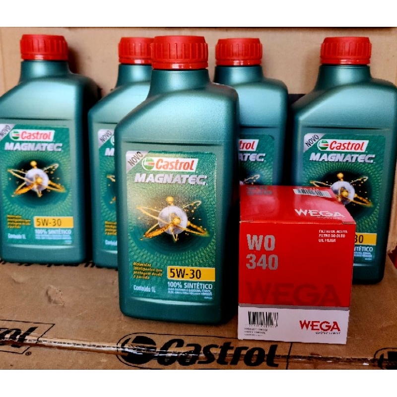 kit 05 lts Óleo 5w30 Castrol Magnatec API SP + Filtro Óleo Wo340 p/ Gol Fox Polo Voyage Saveiro