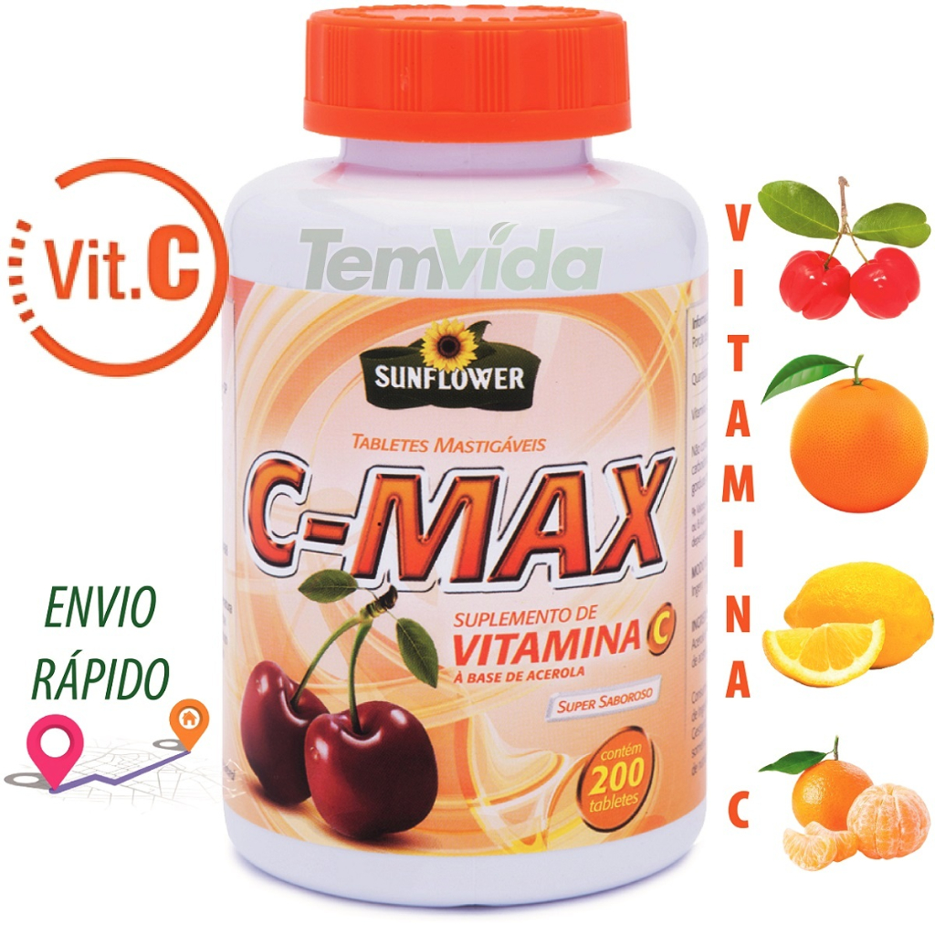 Vitamina C Imunidade C-MAX 200 Tabletes Mastigáveis de 500mg Sunflower