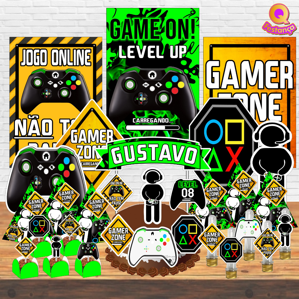 Kit Festa Pronta Videogame 78 itens -Topo de Bolo Personalizado, Decoração de Festa de Aniversário tema Vídeo Game.