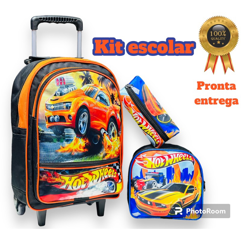 Kit Mochila Escolar Rodinhas, Lancheira e estojo Hot Wheels