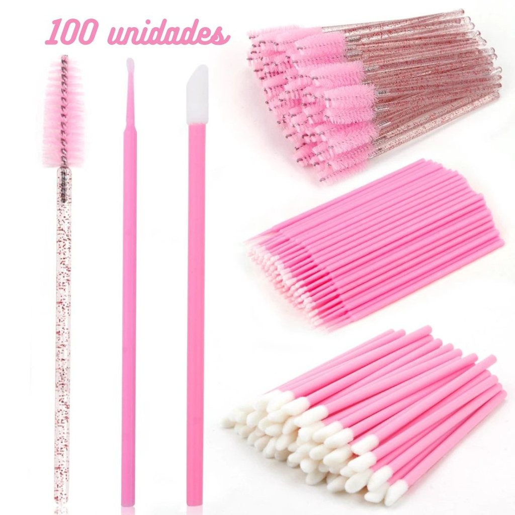 Kit - 100 Escovinhas + 100 Microbrush + 100 Aplicador de Batom Alongamento Cílios em Oferta na Shopee