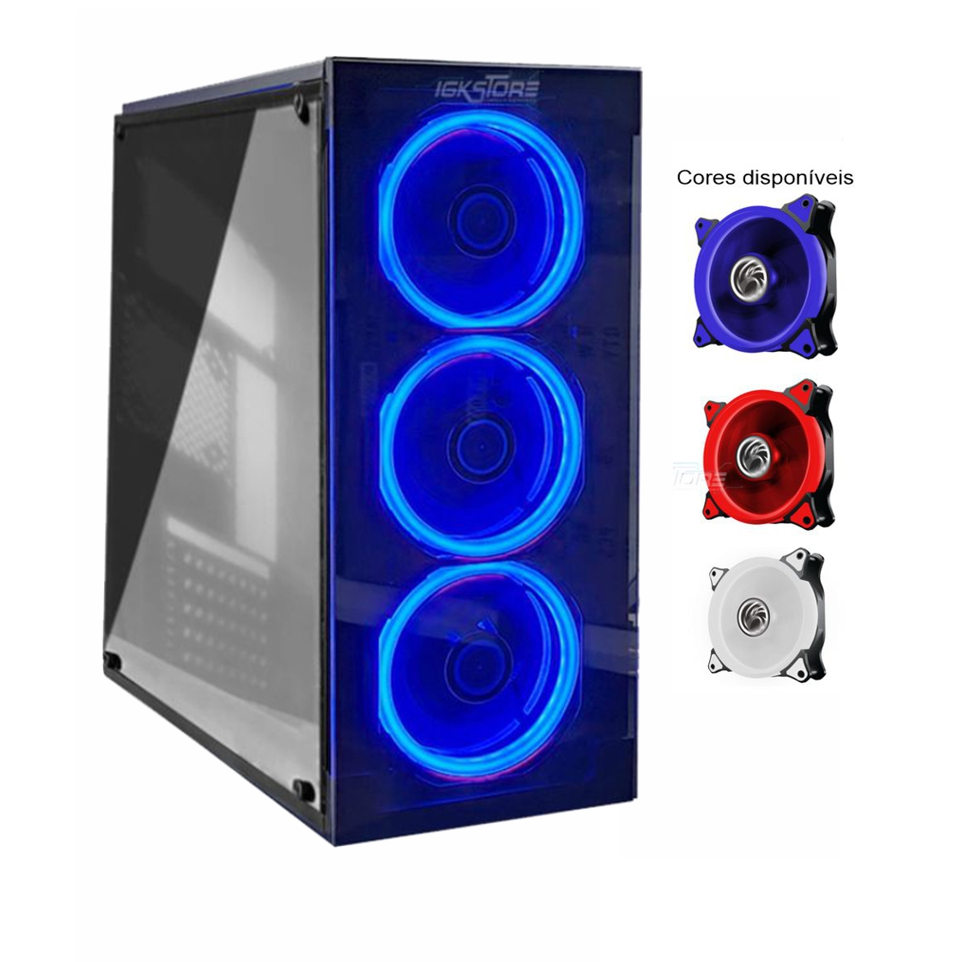 Gabinete Gamer i330 Lateral de Acrilico Flontal Vidro + 3 Fans Led duplo Branco, Azul ou Vermelho