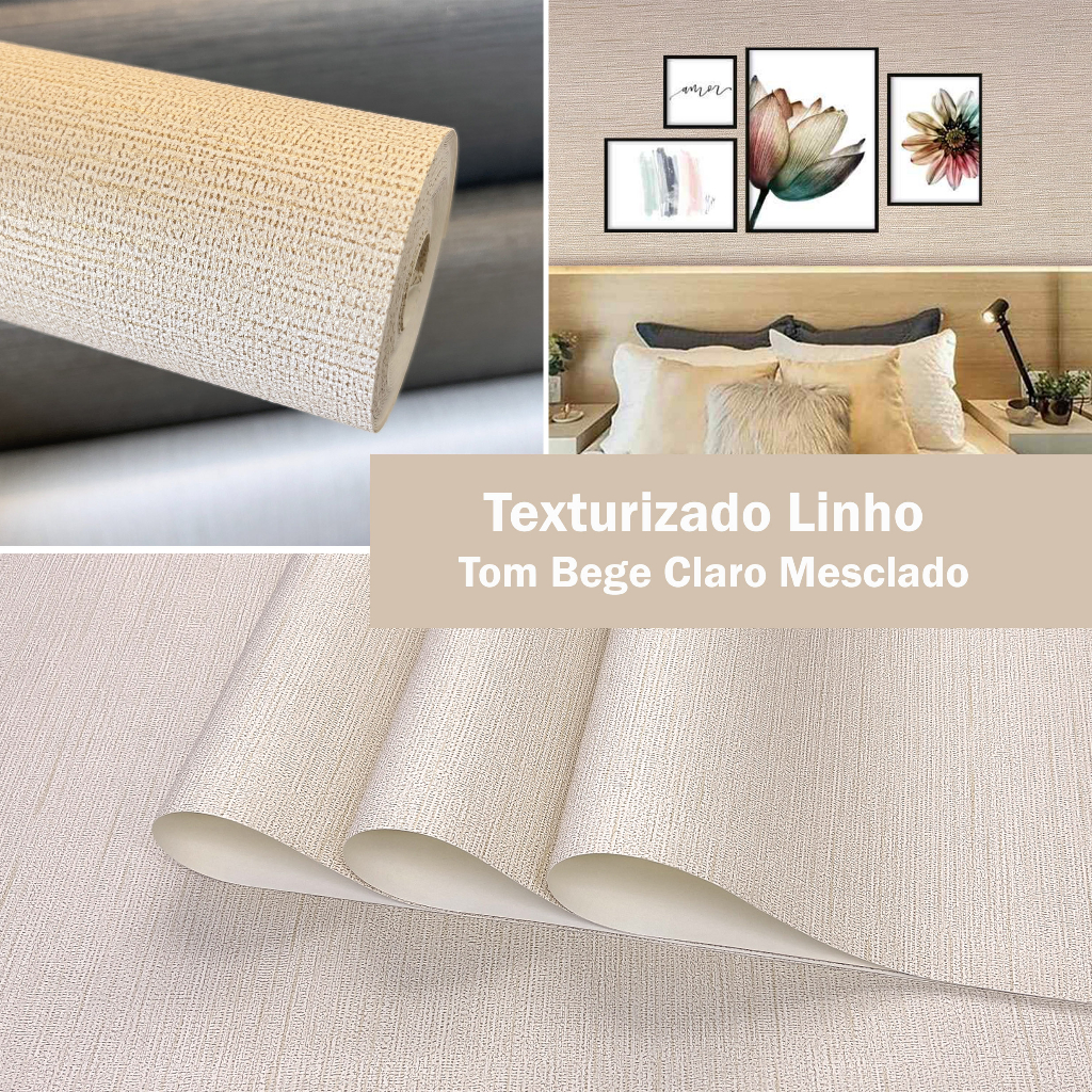 Papel de Parede Importado Textura Linho Alto Relevo Bege Claro Mesclado - Rolo 10m x 53cm - Cola Inclusa - Modelo 50127 em Oferta na Shopee