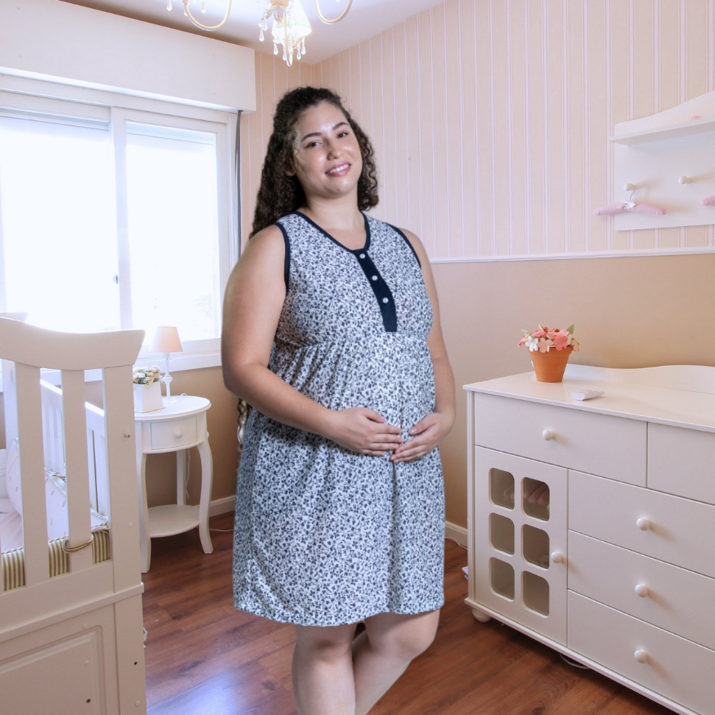 Camisola Gestante Regata Amamentação Com Botoes De Malha Estampada