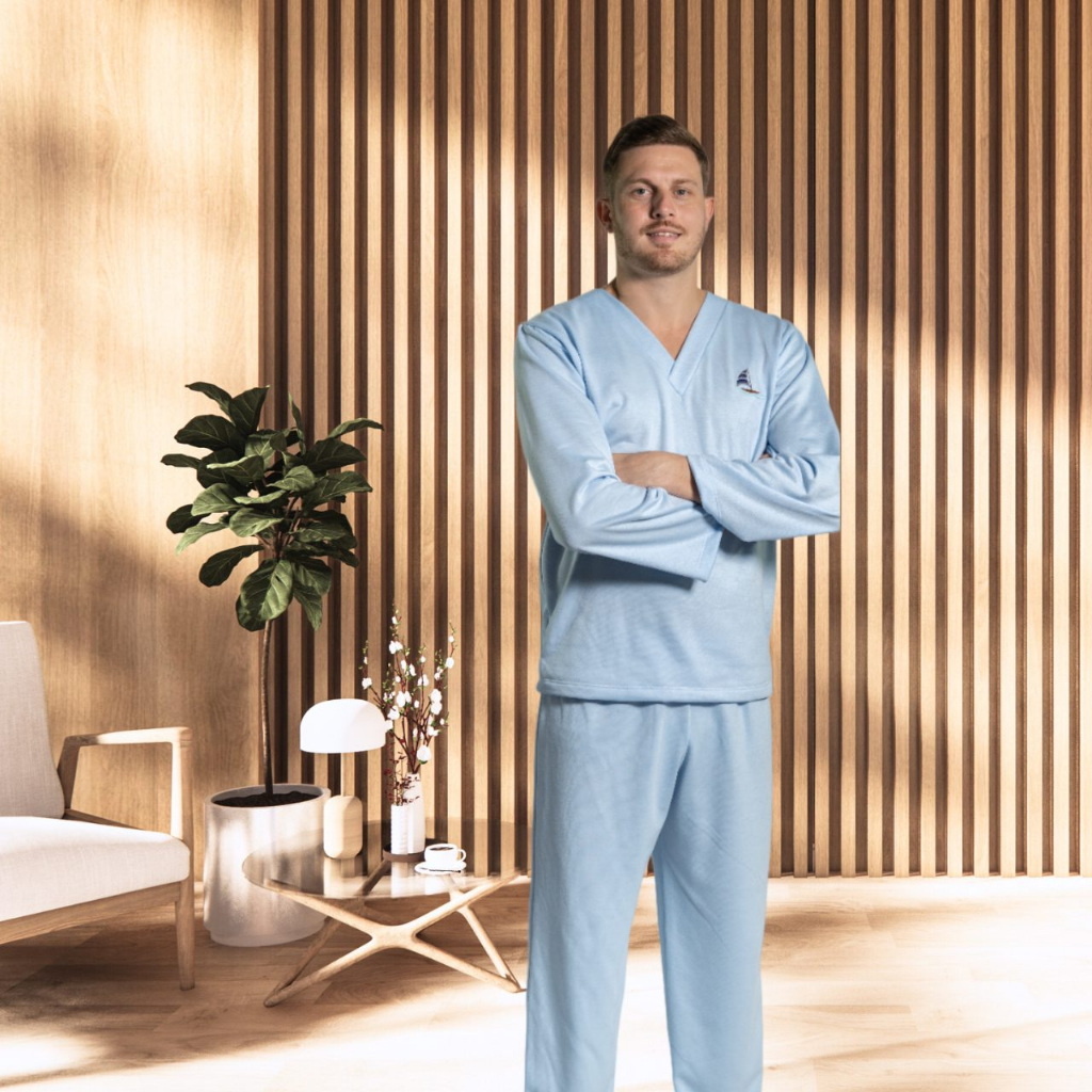 Pijama de Inverno Masculino longo Moletinho Flanelado Calça Comprida Manga comprida Adulto Decote V