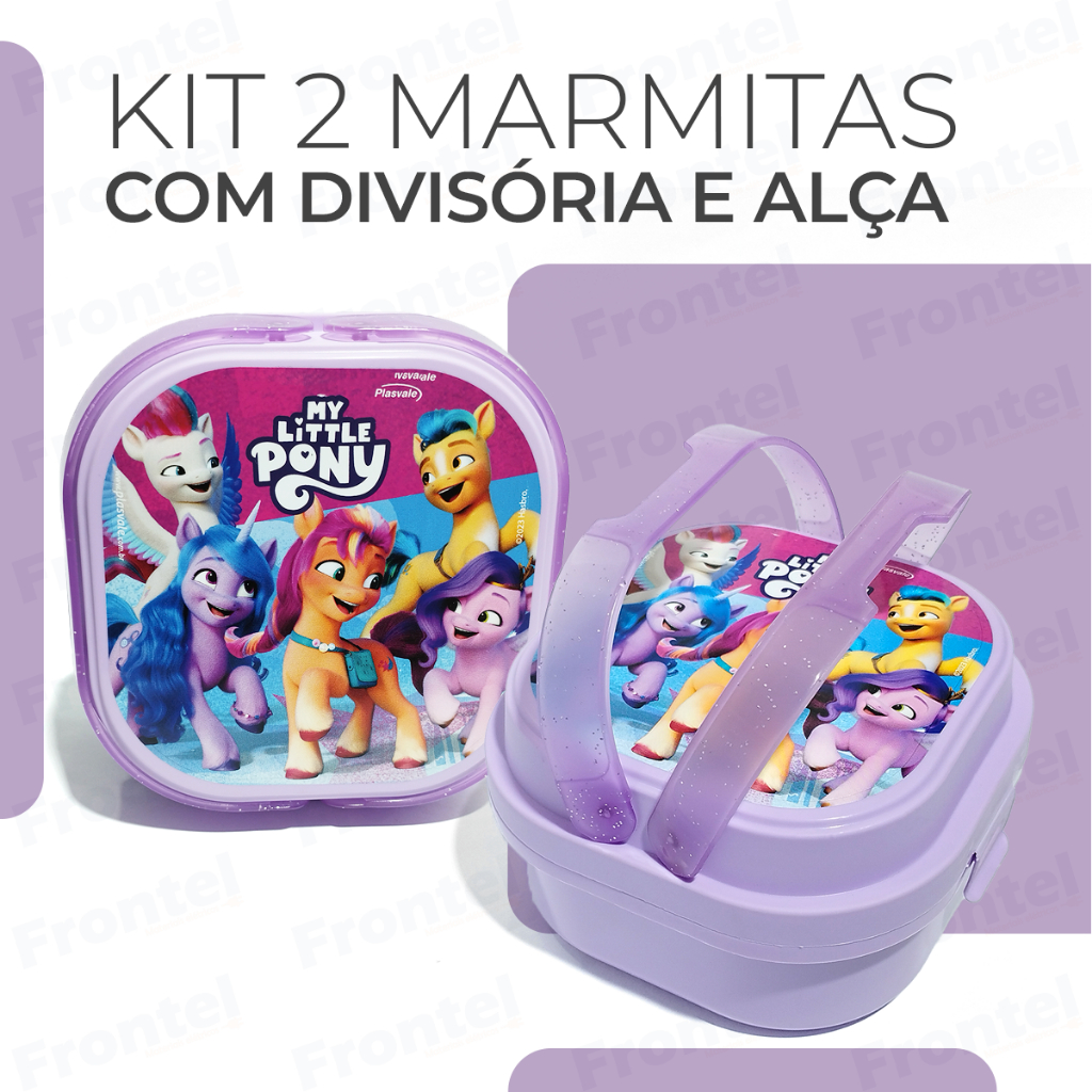 KIT C/ 2 UNID Marmitinha Kids Pote Com Alça e Divisória Escolar Lanche Plasvale Transformers My Little Pony Lancheira Fitness potinho recreio intervalo doce salgado