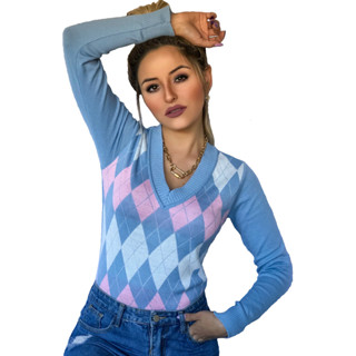 Blusa Suéter Feminino Tricot Xadrez Escocesa Inverno