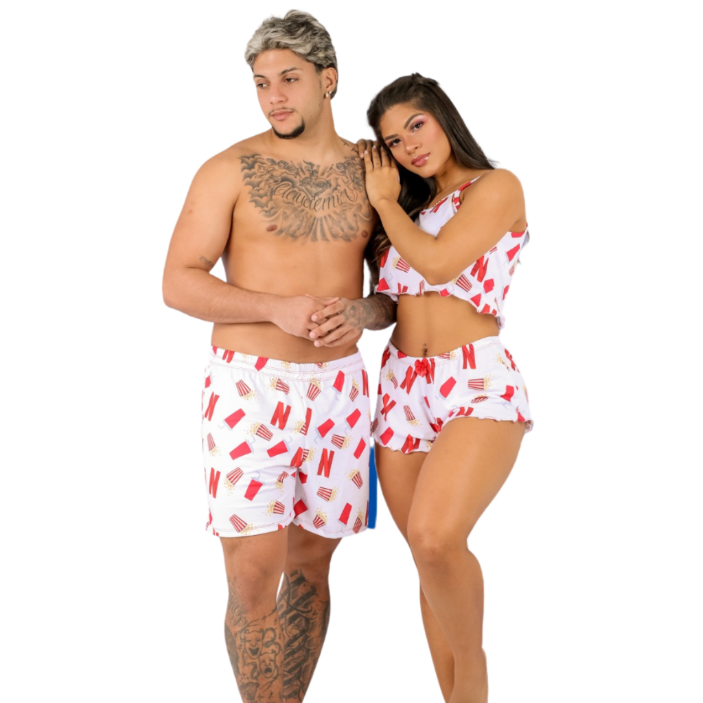 KIT casal Mozão temático Netflix ou Lilo Stich baby doll e samba canção namorados