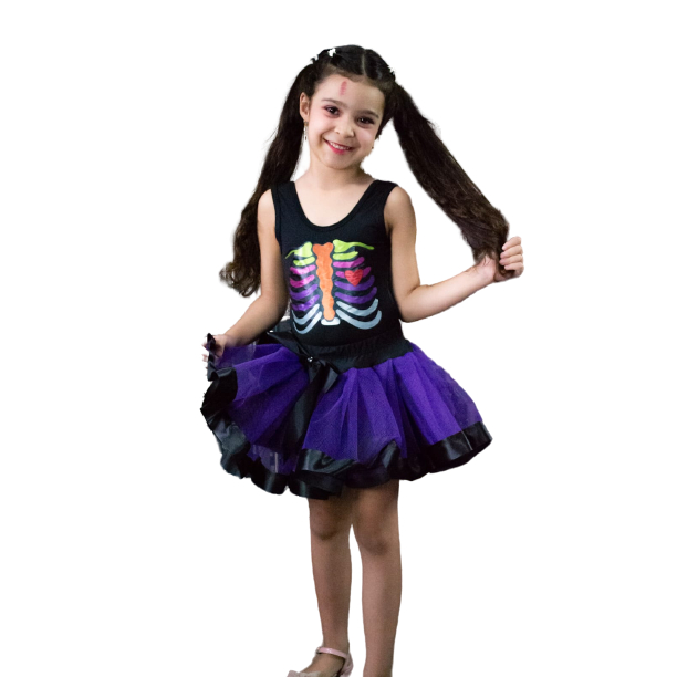 Conjunto Fantasia Body Infantil carnaval Halloween Dia das Bruxas de Esqueleto Colorido