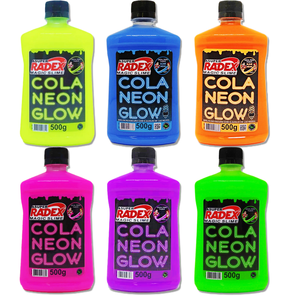 Cola para slime cores Neon Glow Radex com 500g, brilha na luz negra em Oferta na Shopee