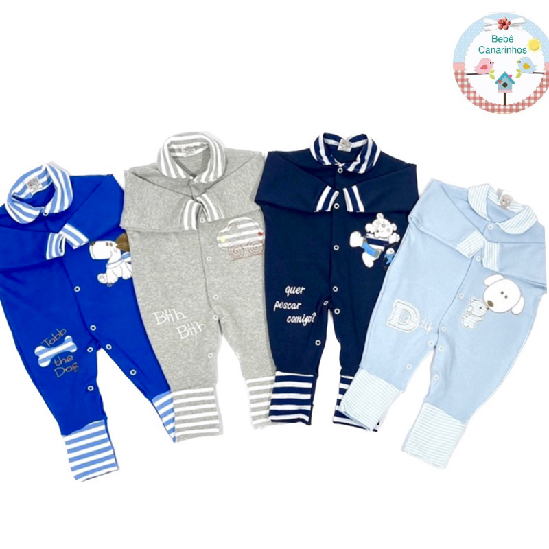 kIT 4 MACACÕES MENINO para Bebê - Bordado, Pé Reversível e de Algodão Suedine KIT 4 PEÇAS P M G