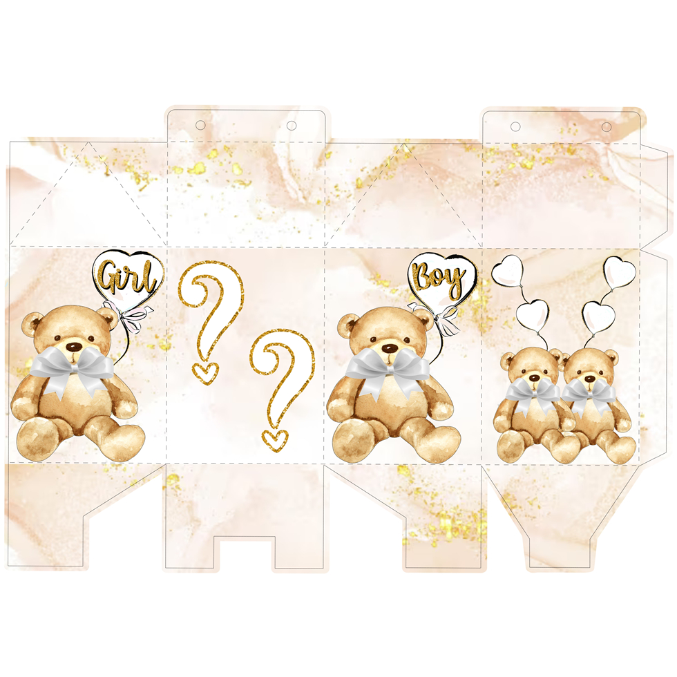 KIT 10 UND. CAIXINHAS PERSONALIZADAS (FOLHA COM ARTE IMPRESSA) Tema CHÁ DE REVELAÇÃO URSINHO BRANCO E DOURADO