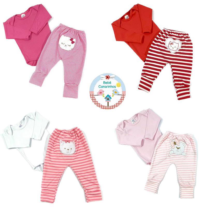 Conjunto de Body e Mijão Pé Reversível com Bordado 100% Algodão Suedine P M G Meninas