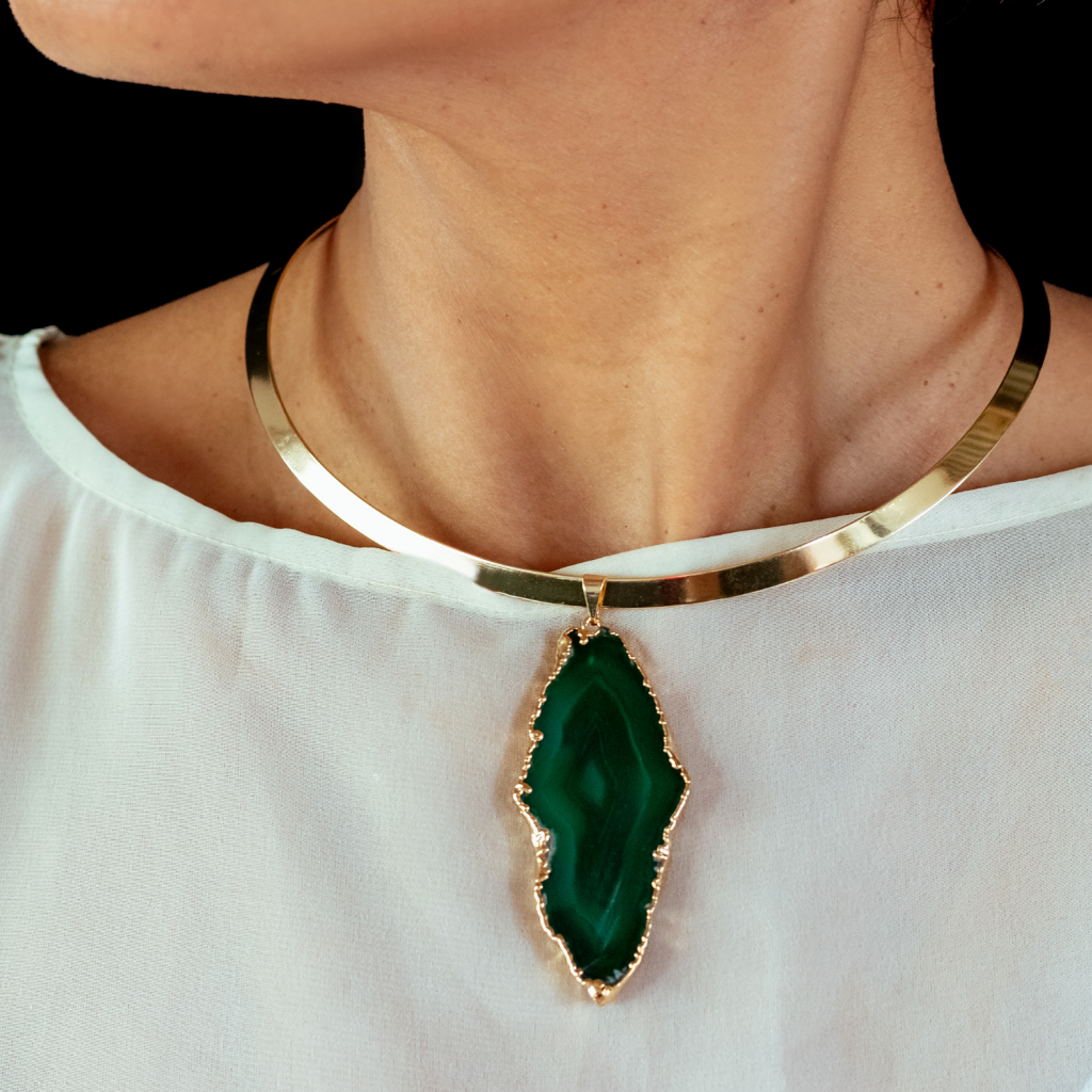 Colar Feminino Necklace Vintage Pedra Ágata, Gargantilha Choke Aro Dourado, Presente Ideal