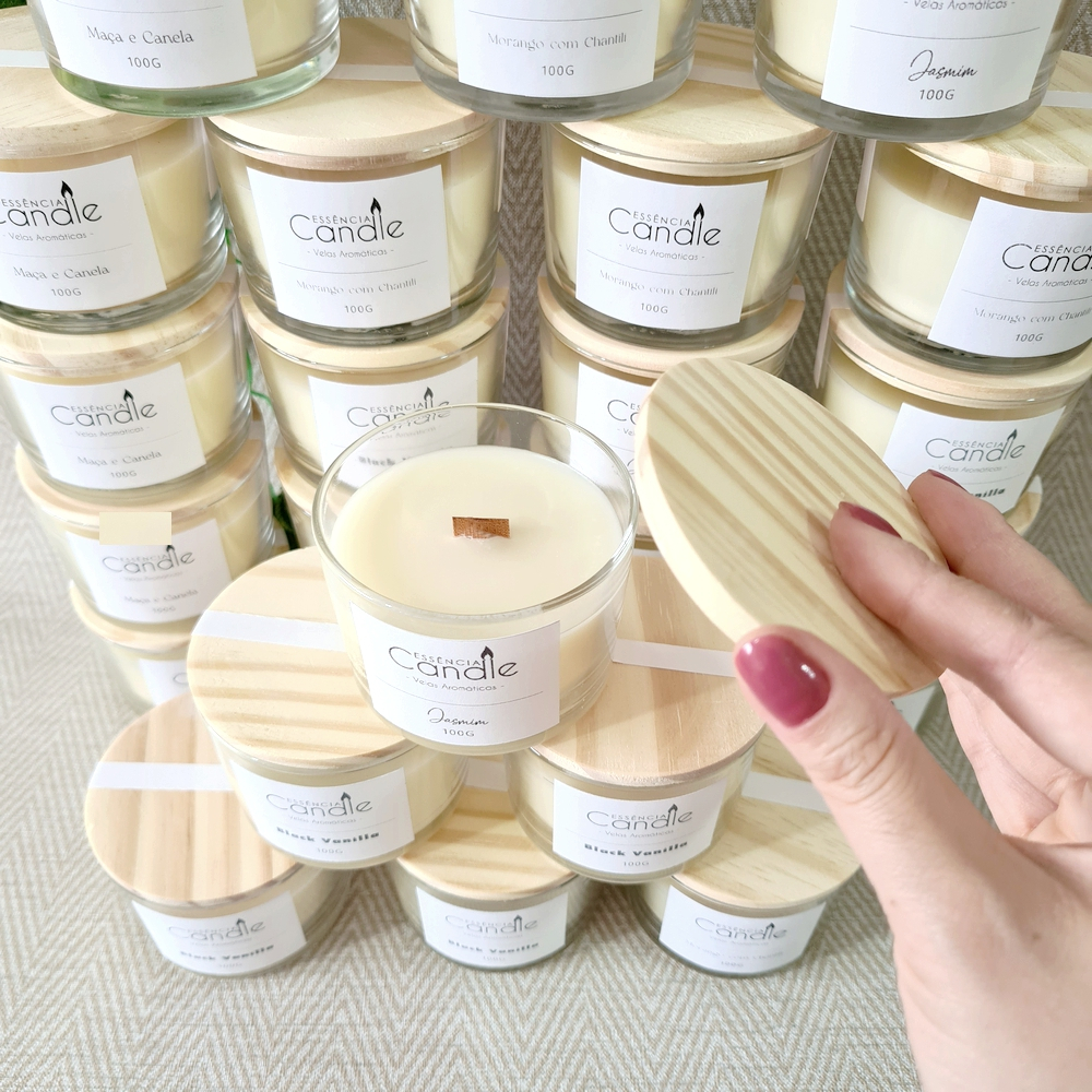 QUEIMA DE ESTOQUE! Velas Aromáticas 100g | Perfumadas - Cera Vegetal, Pavio Madeira, Decorativa