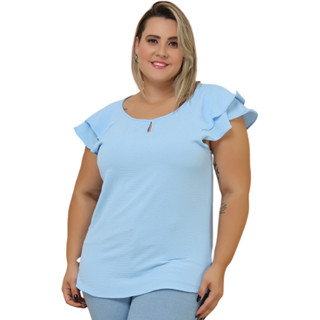 Blusa Social Plus Size Feminina Manga Com Dois Babado Costas Fechamento C/ Botão Tipo Pérola